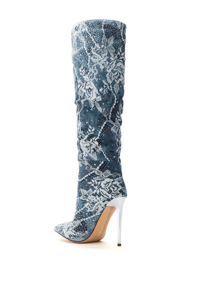 AZALEA WANG OPAL DENIM AND DIAMOND STILETTO BOOT