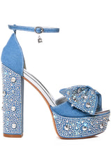 AZALEA WANG CHALINI EMBELLISHED BOW CHUNKY SANDAL IN DENIM