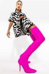 AZALEA WANG HEARTOUT THIGH HIGH STILETTO BOOT IN FUCHSIA STRETCH