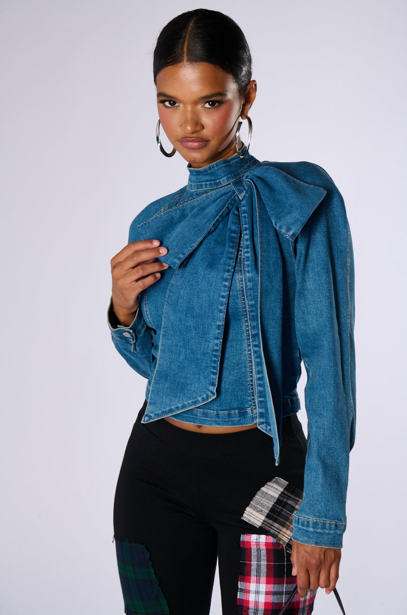 BELIEVE IN MY OWN BOW DETAIL MEDIUM BLUE DENIM TOP