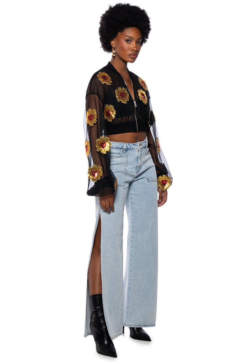 BELLA HEART EMBELLISHED MESH CROP BOMBER