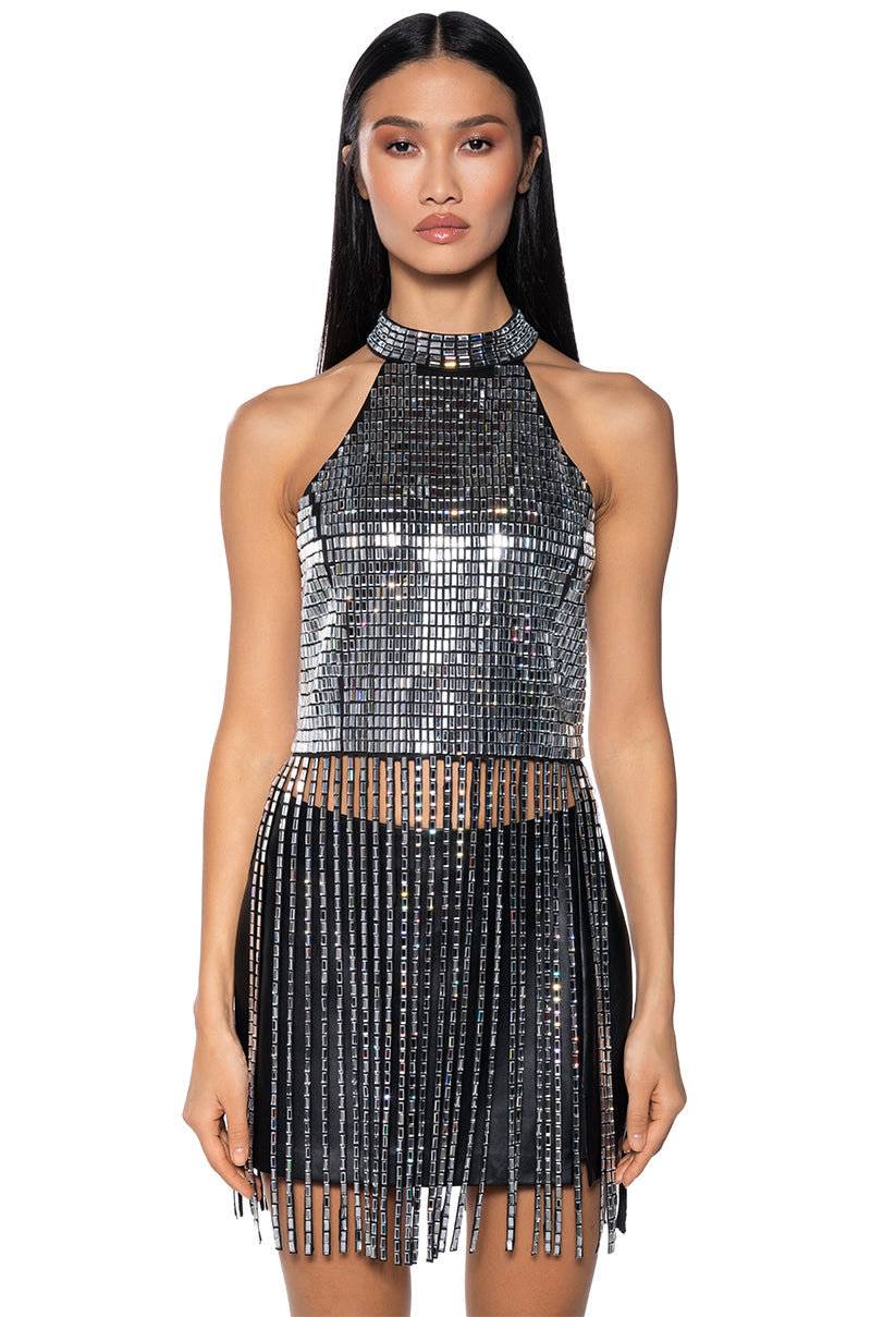 BREAK MY SOUL RHINESTONE EMBELLISHED MOCK NECK FRINGE TOP