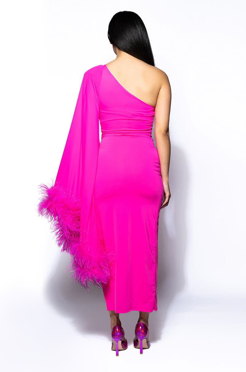 BRING THE DRAMA ONE SLEEVE FEATHER DRESS
