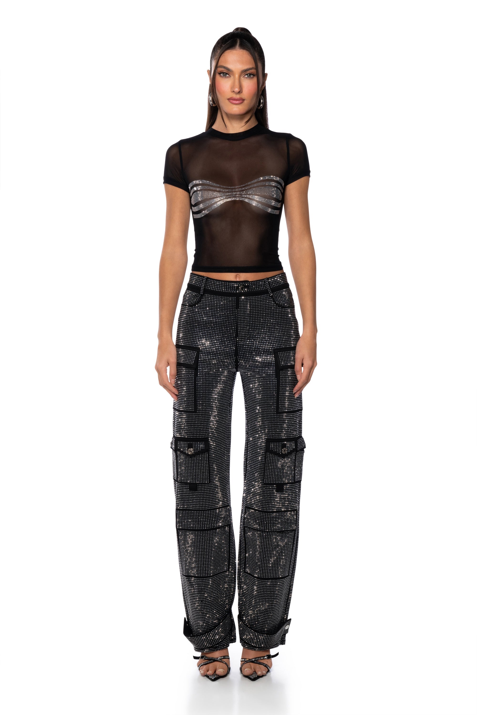 BROOKLYN EMBELLISHED MESH CROP T SHIRT