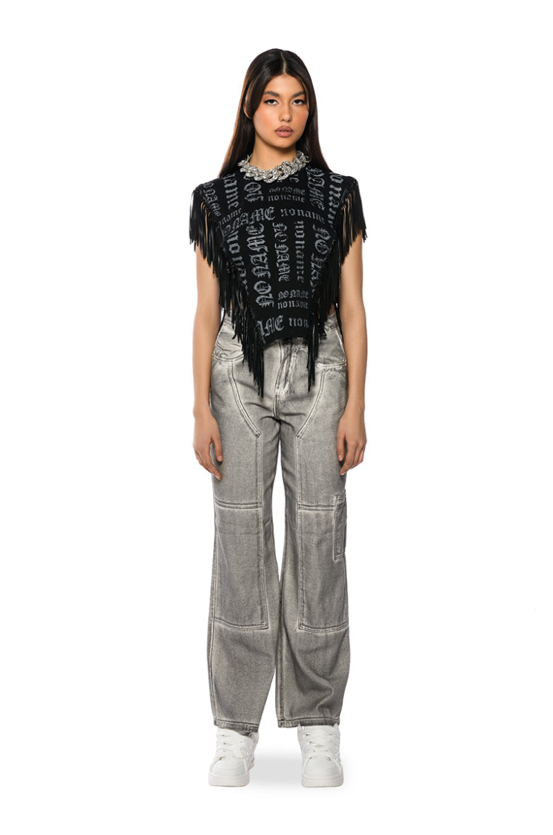 BROOKLYN GRAPHIC PRINTED FRINGE TRIM TSHIRT