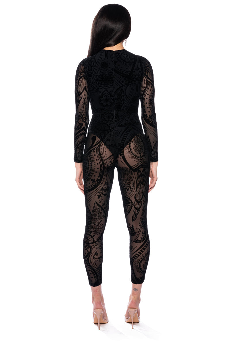 CALL ME SHEER PAISLEY CUTOUT JUMPSUIT