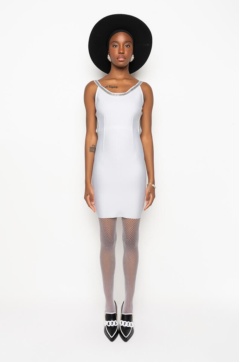BANDAGE LOW BACK STONE DETAIL MINI DRESS