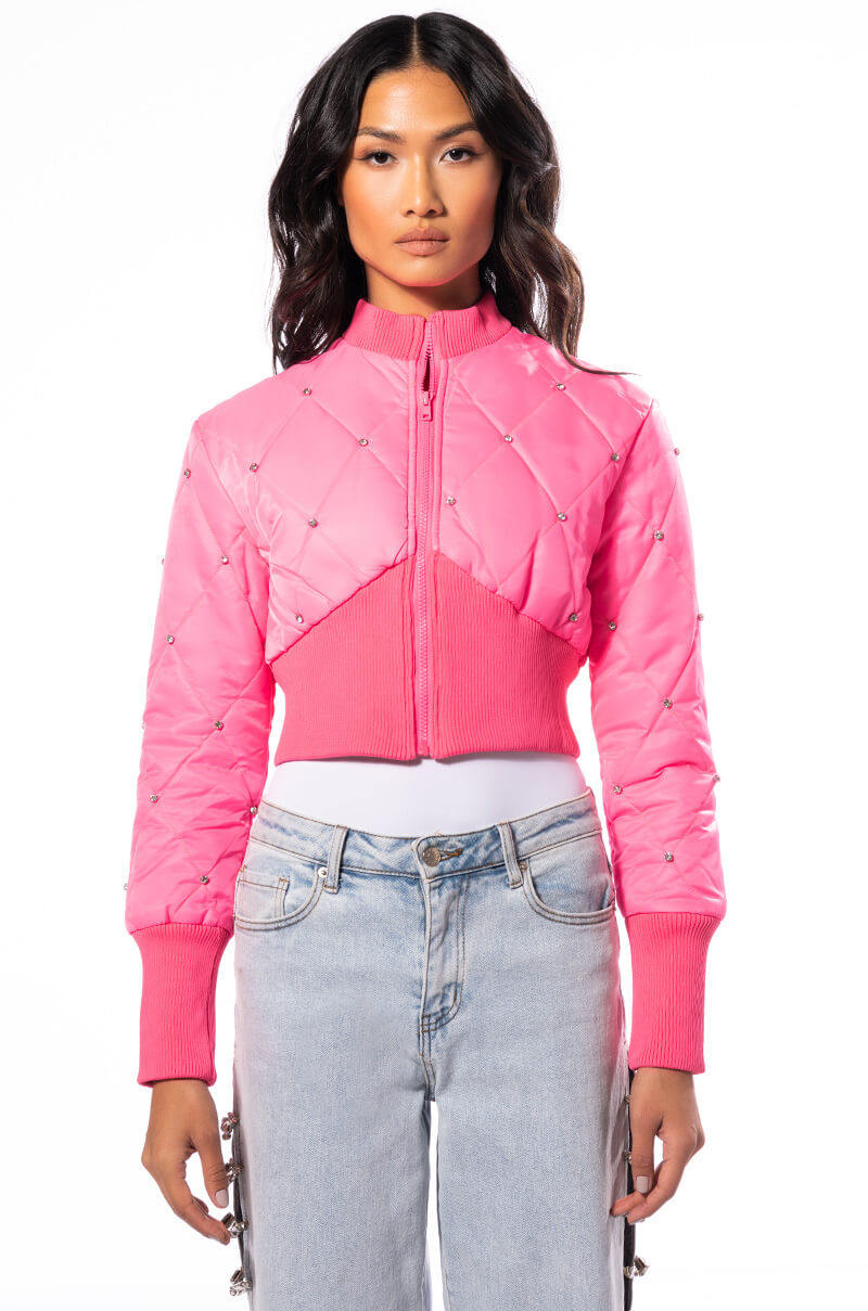 BIPIDI NEON PUFFER BOMBER WITH RHINESTONES