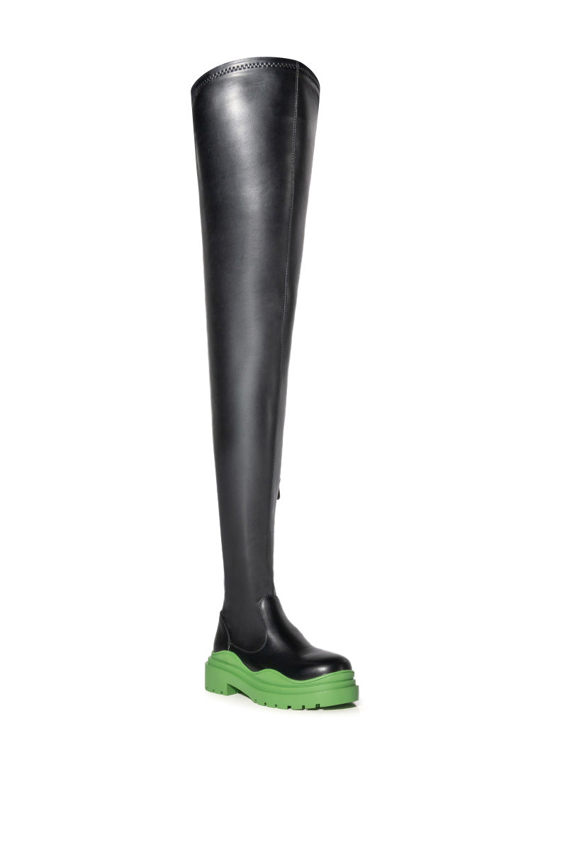 AZALEA WANG NAOMI THIGH HIGH STRETCH FLATFORM BOOT IN GREEN