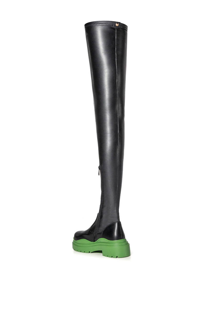 AZALEA WANG NAOMI THIGH HIGH STRETCH FLATFORM BOOT IN GREEN